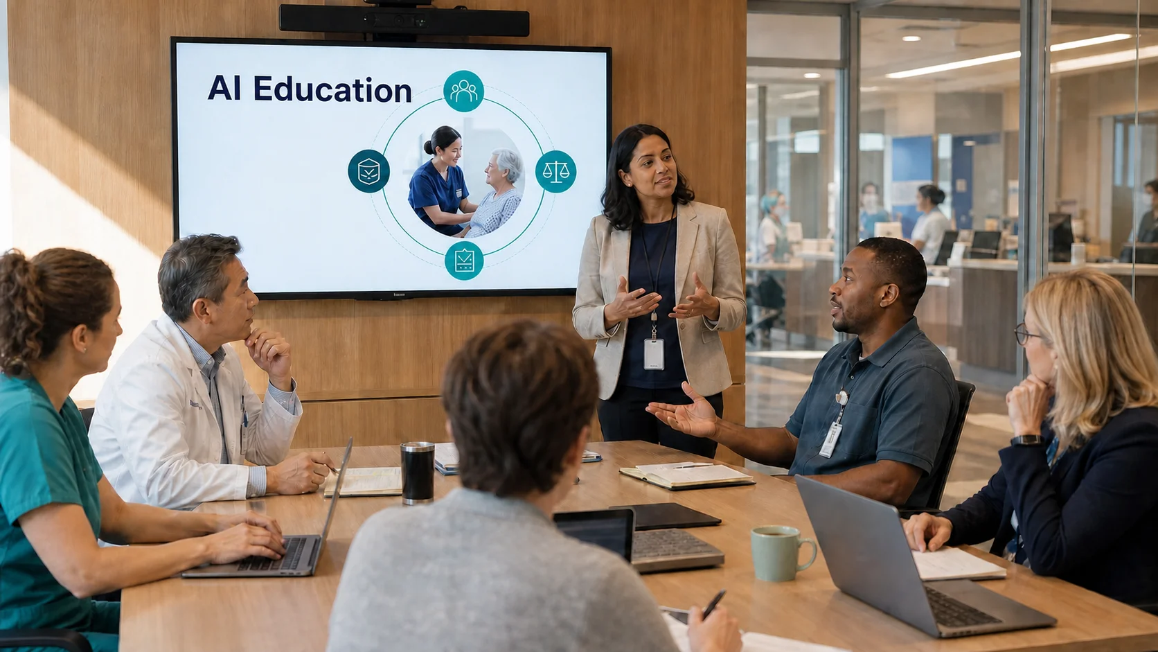 Healthcare employees from clinical and operational roles participating in an AI education session centered on patient care, safe AI use, and governance