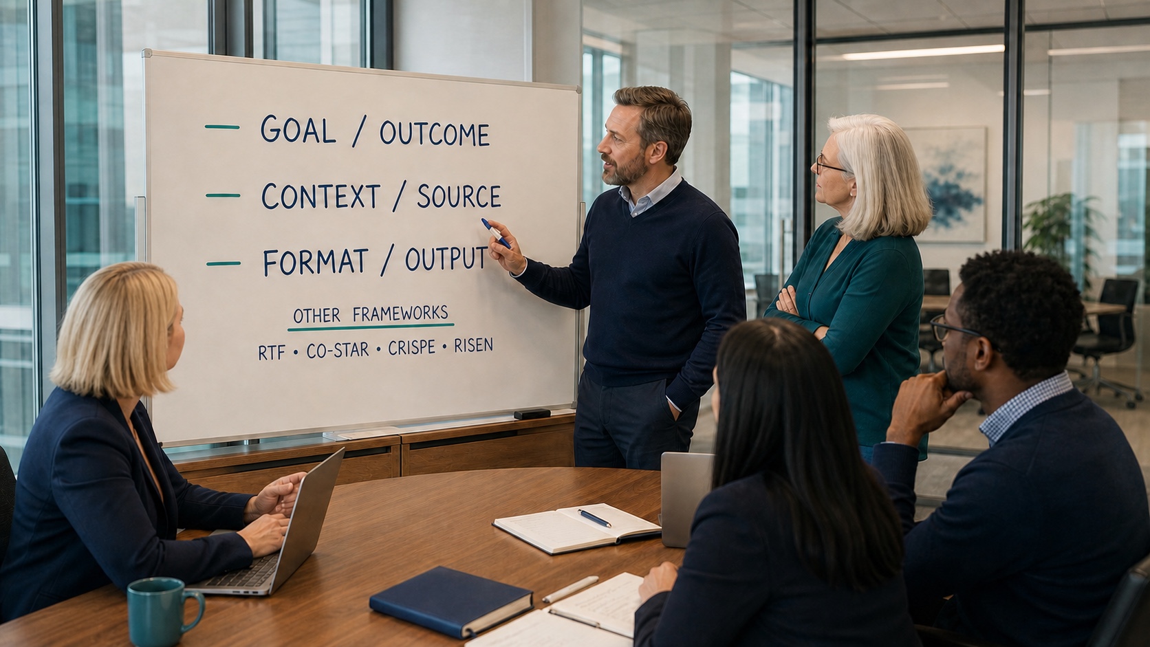 A bearded healthcare AI governance leader guides colleagues at a whiteboard showing Goal and Outcome, Context and Source, and Format and Output, with RTF, CO-STAR, CRISPE, and RISEN listed as other frameworks