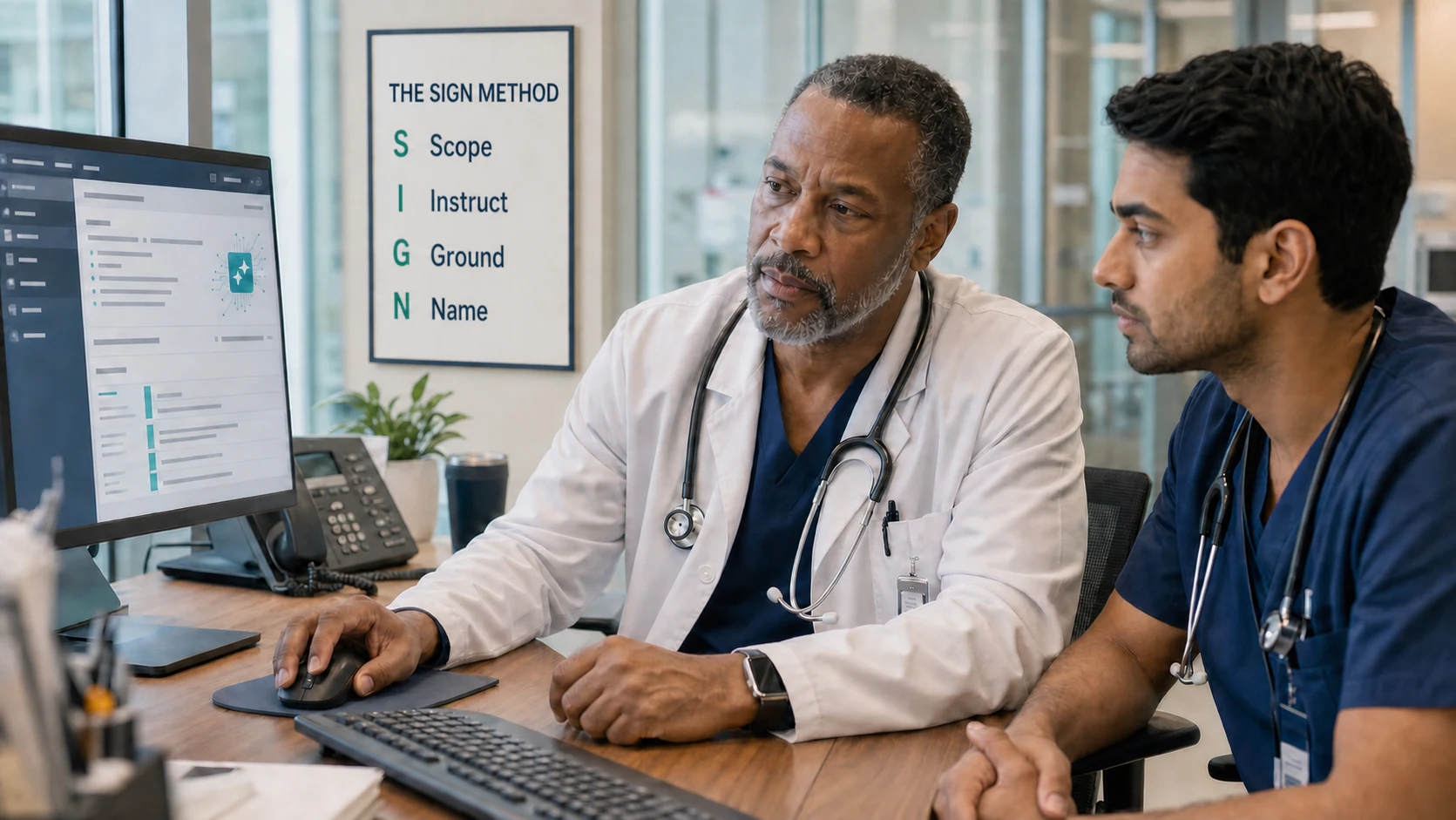 Two clinicians at a workstation reviewing an AI-drafted note together, with a poster of the four SIGN Method actions, Scope, Instruct, Ground, and Name, on the wall behind them
